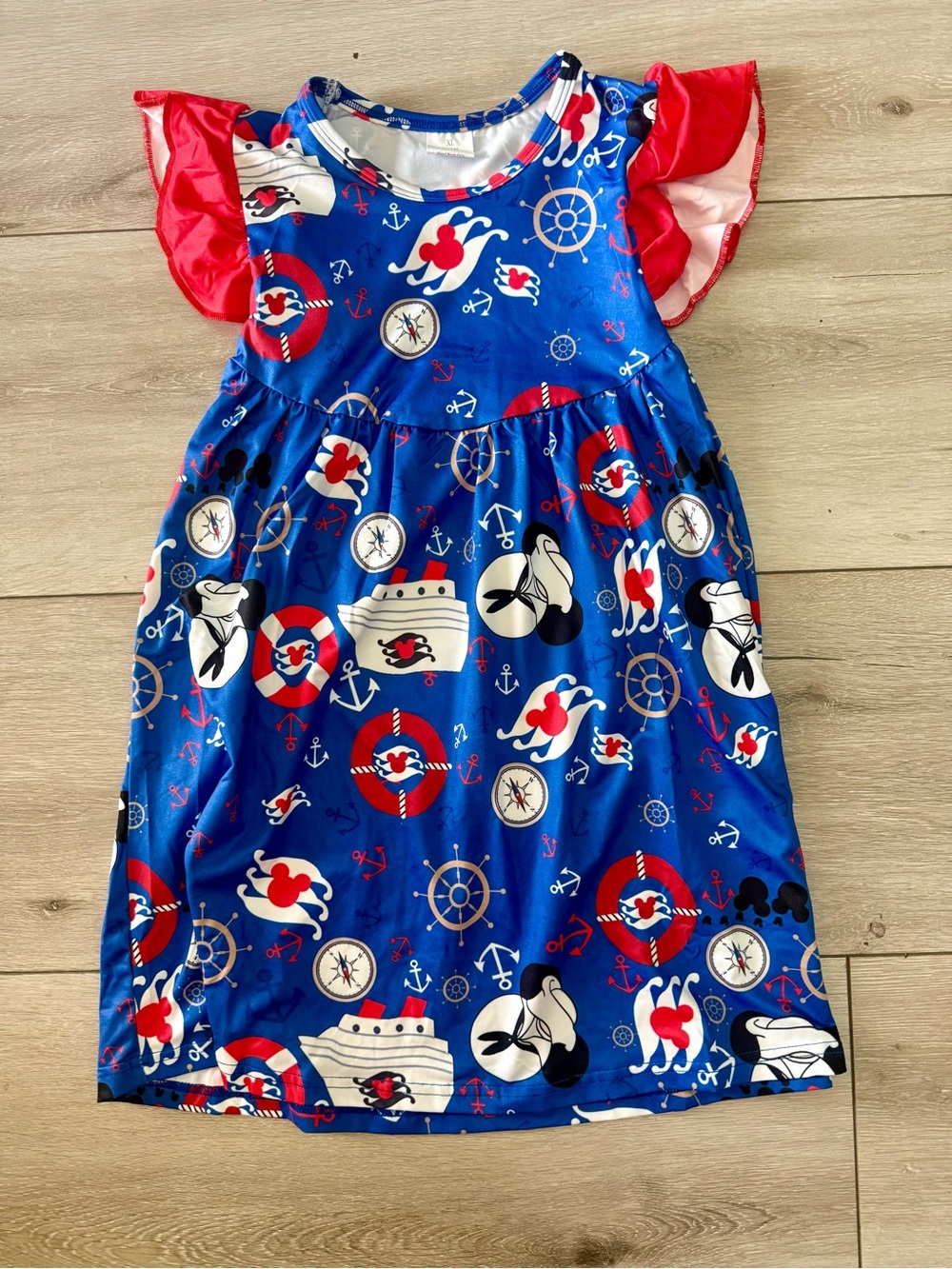 Disney Cruise Girls' Nautical Blue Dress with Red Ruffle Sleeves